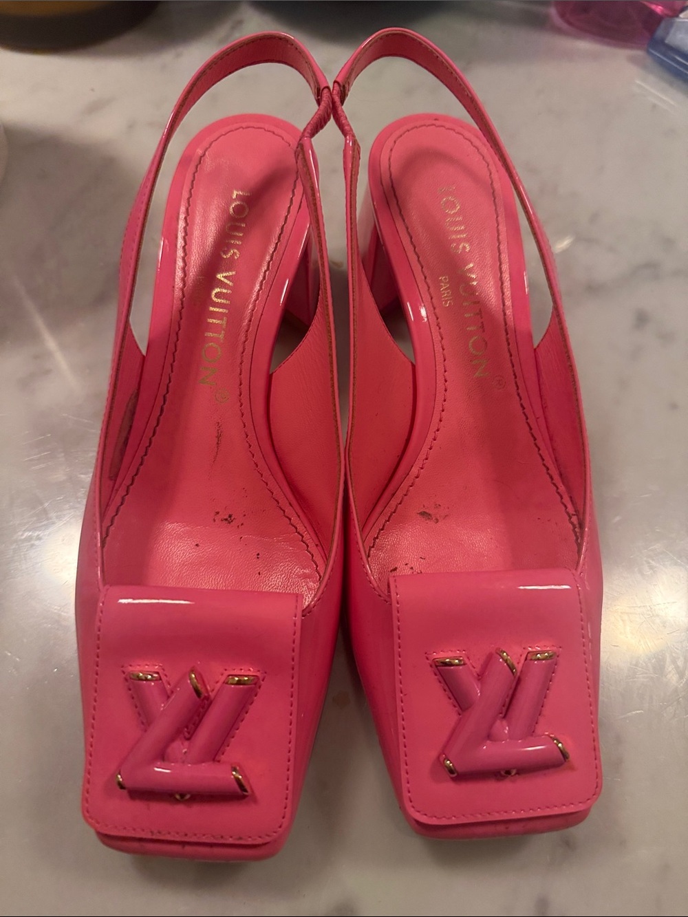 Louis Vuitton Hot Pink Patent Slingback Pumps with LV Logo